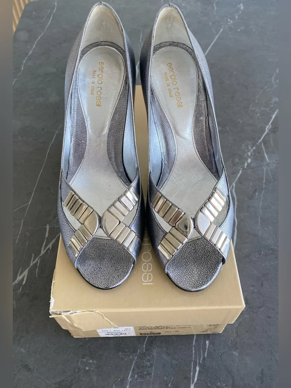 Sergio Rossi Silver Metallic Peep-Toe Heels